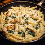 Cremige Frischkäse Spinat Hähnchen Pasta auf einem Teller serviert.