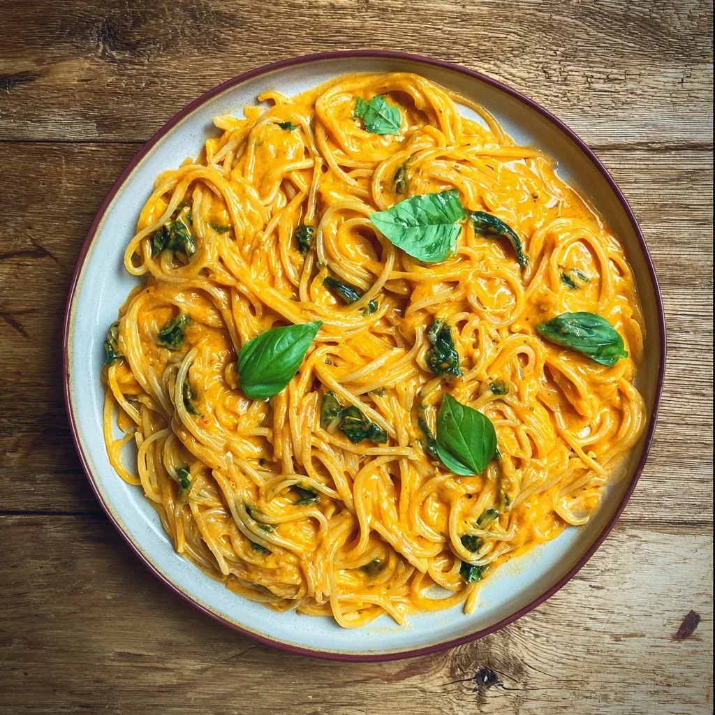 Cremige Pasta in Gemüsesauce, serviert mit frischem Gemüse.