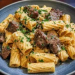 Cremiges Parmesan-Rindfleisch mit Rigatoni auf einem Teller serviert