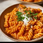 Einfache cremige Pasta mit frischen Zutaten in einer Schüssel serviert.