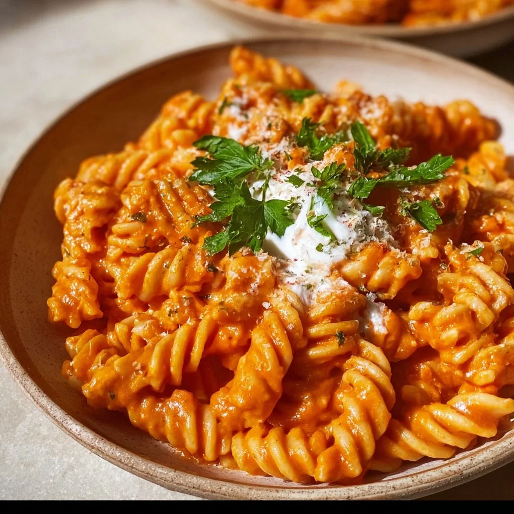 Einfache cremige Pasta mit frischen Zutaten in einer Schüssel serviert.