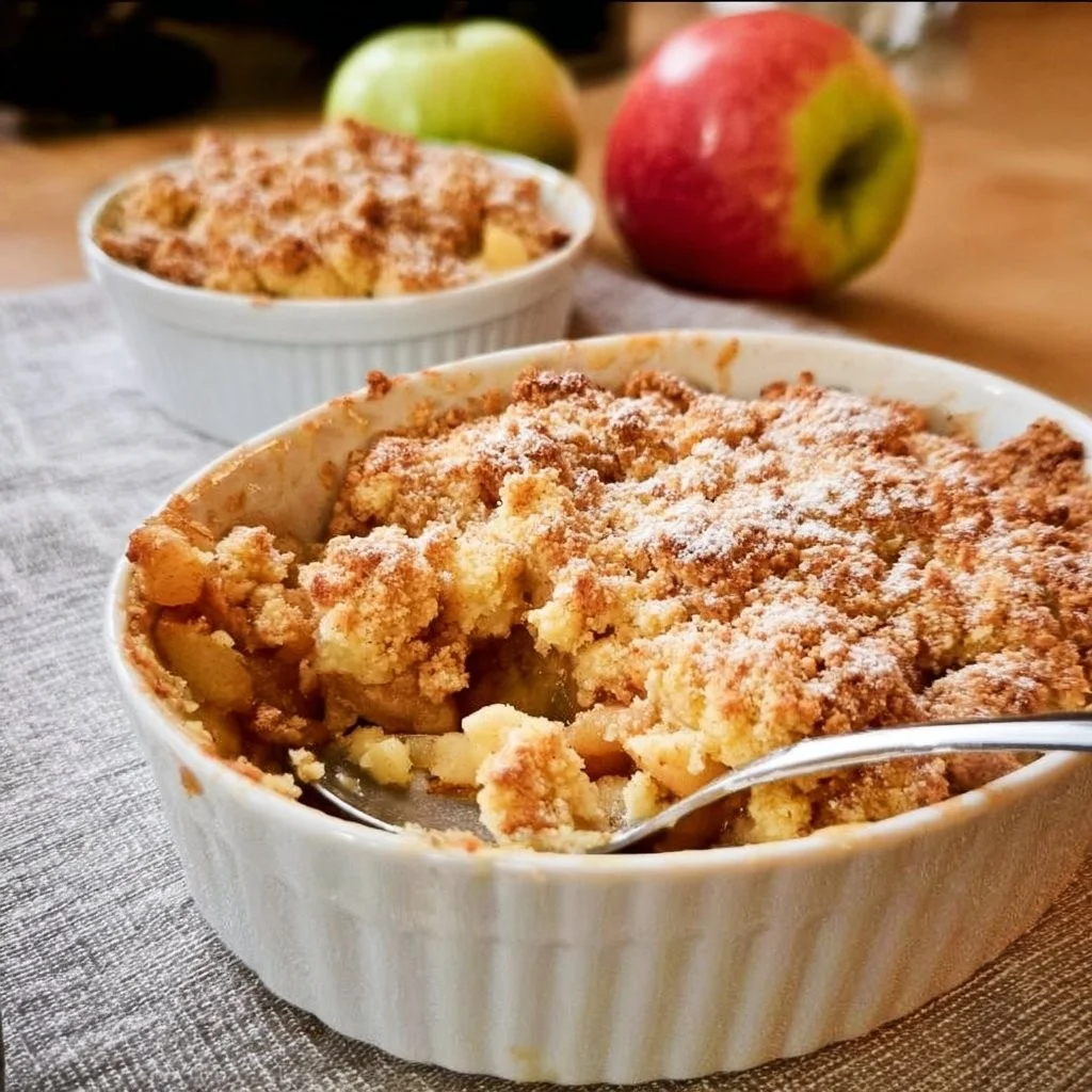 Herzhafter Apfel-Crumble nach Omas Geheimrezept auf einem Teller serviert.