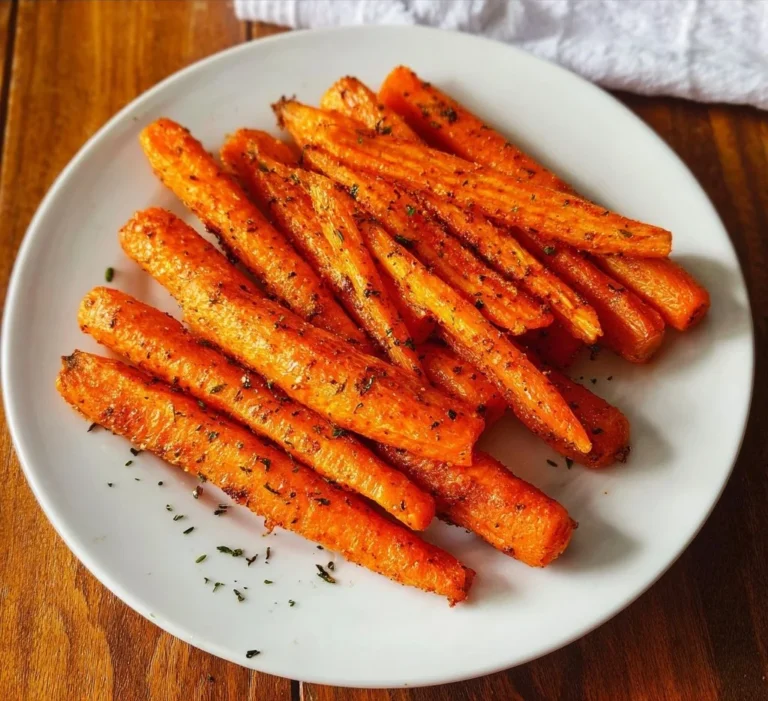 Köstliche Karotten aus der Heißluftfritteuse auf einem Teller serviert.