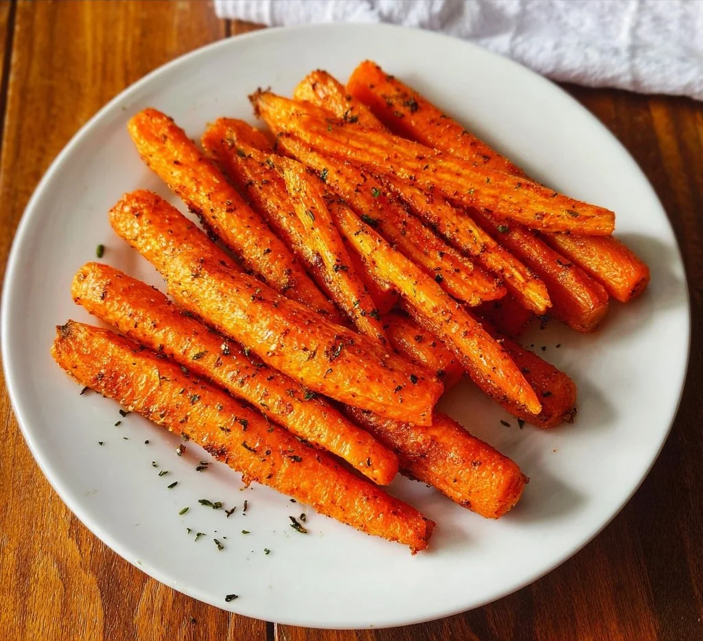 Köstliche Karotten aus der Heißluftfritteuse auf einem Teller serviert.