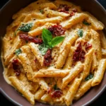 One Pot Pasta mit sonnengetrockneten Tomaten auf einem Teller angerichtet.