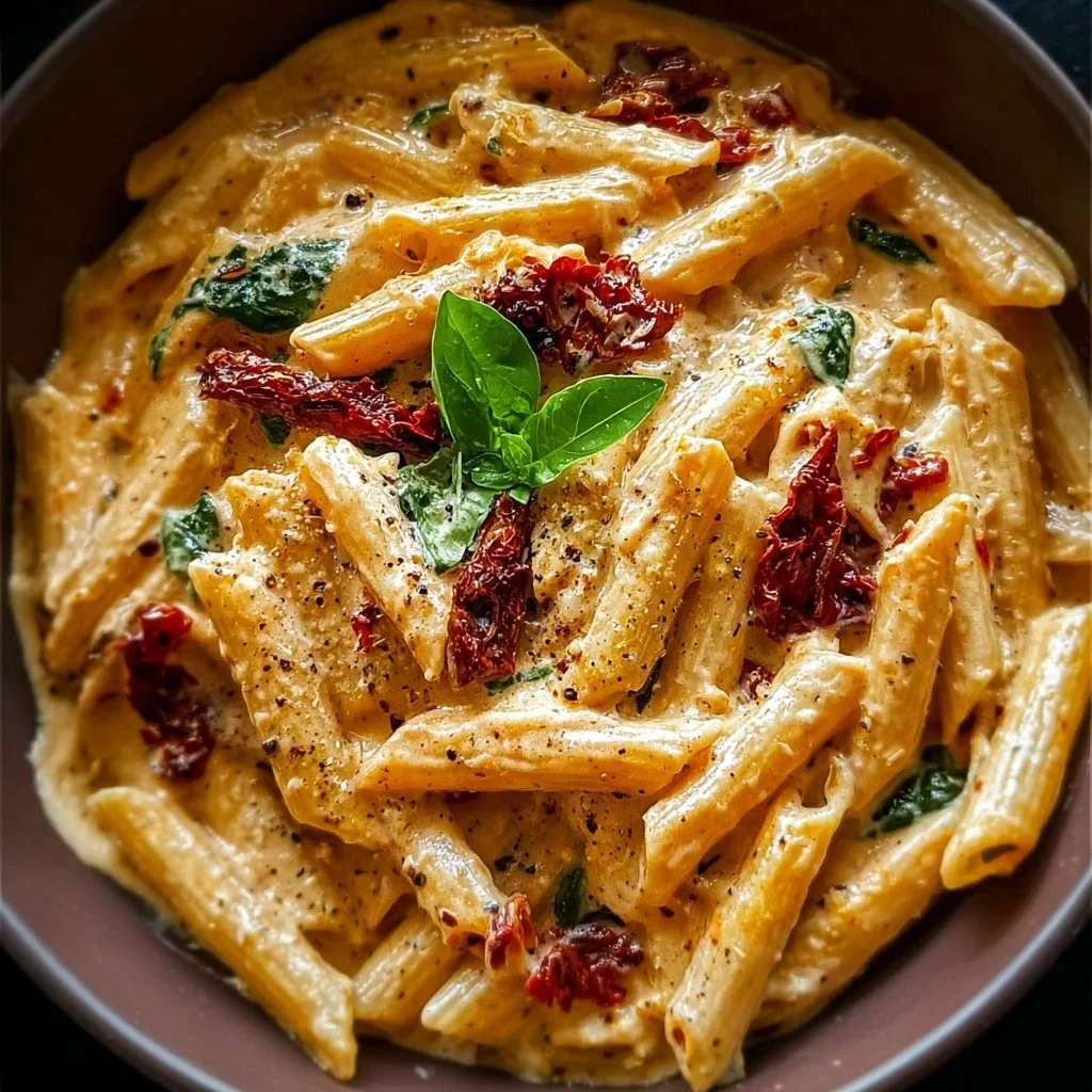One Pot Pasta mit sonnengetrockneten Tomaten auf einem Teller angerichtet.