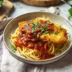 Parmesan-Hähnchen serviert mit Nudeln und fruchtiger Tomatensoße auf einem Teller