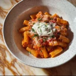 Schnelle Tomaten-Knoblauch-Pasta mit cremiger Sauce auf einem Teller serviert.