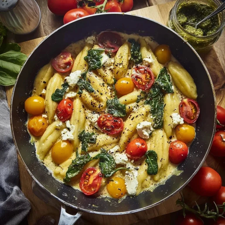 Spinat-Schupfnudeln mit Feta und Tomaten auf einem Teller
