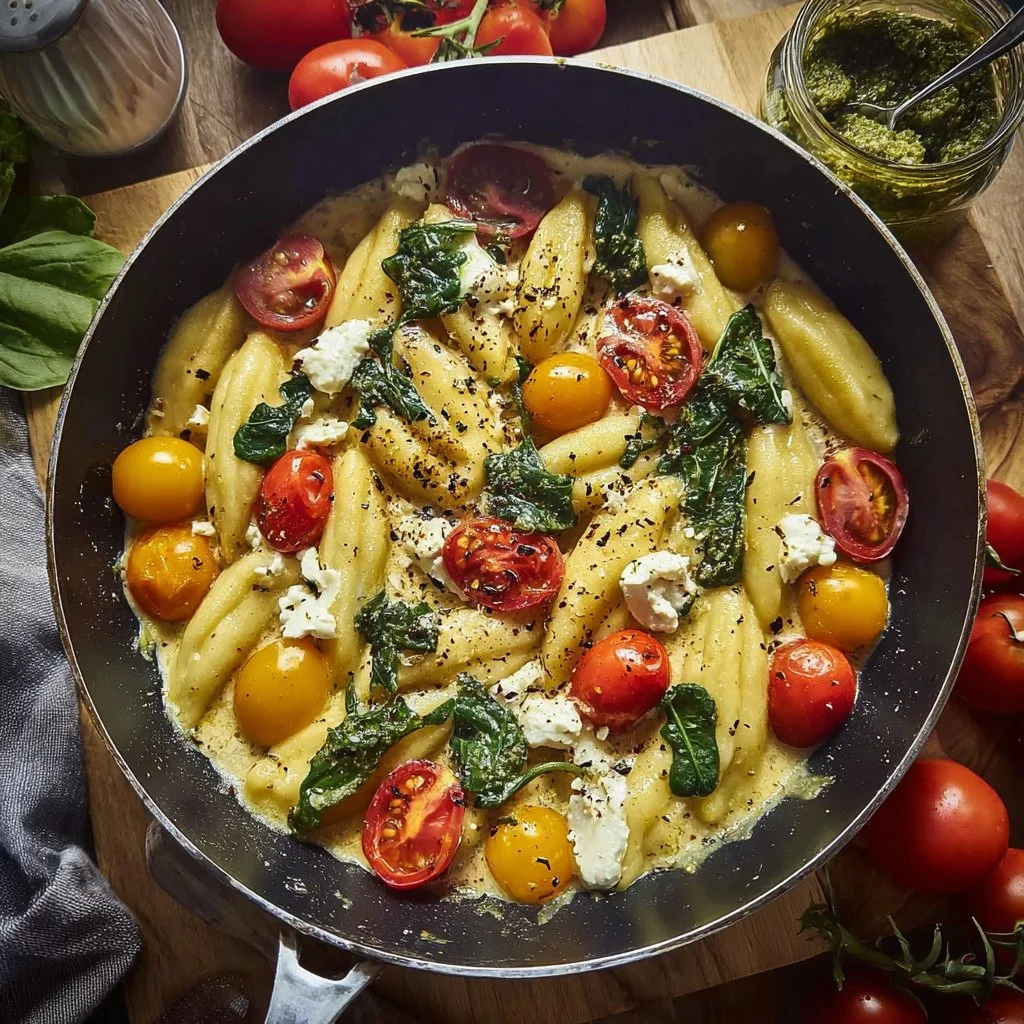 Spinat-Schupfnudeln mit Feta und Tomaten auf einem Teller