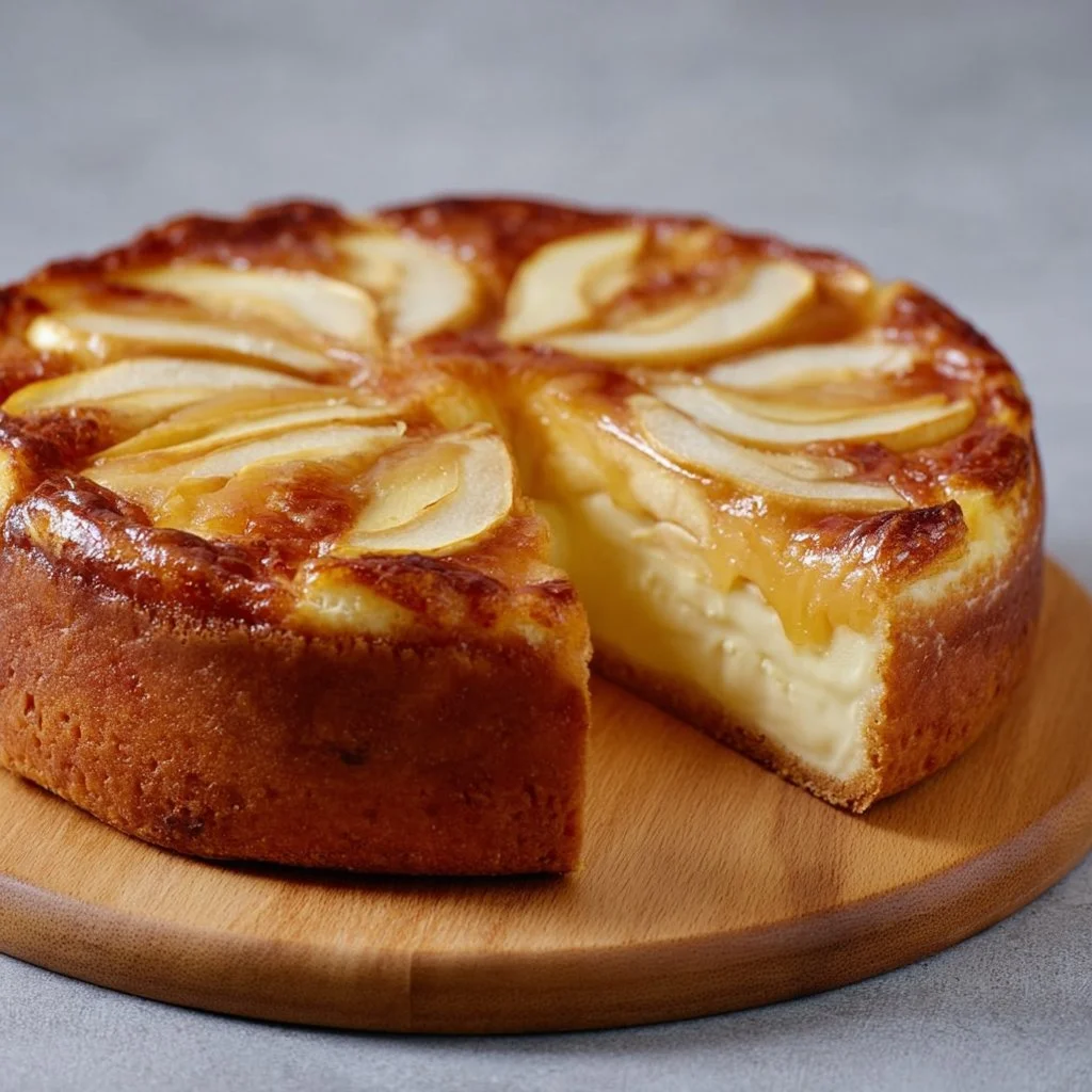 Saftiger Apfelkuchen mit Vanillepudding auf einem weißen Teller