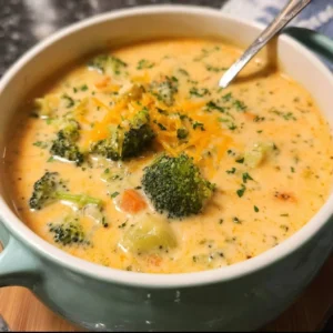 Schüssel mit cremiger Brokkoli Käse-Suppe, ideal für ein gesundes Essen.