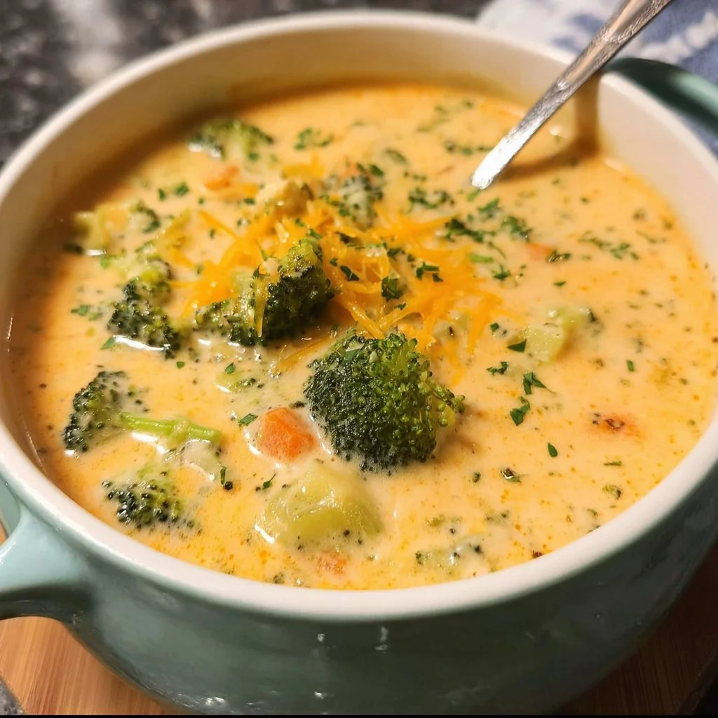 Schüssel mit cremiger Brokkoli Käse-Suppe, ideal für ein gesundes Essen.