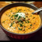 Cremige Suppe mit Hackfleisch und Schmelzkäse in einer Schüssel