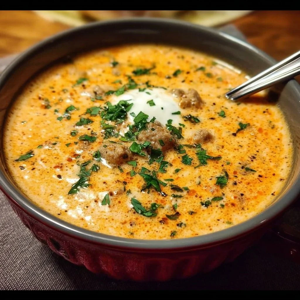 Cremige Friss-dich-dumm-Suppe mit Hackfleisch und Schmelzkäse in einer Schüssel