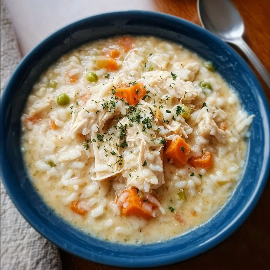 Cremige Hühnchen-Reis-Suppe in einer Schüssel, garniert mit frischen Kräutern