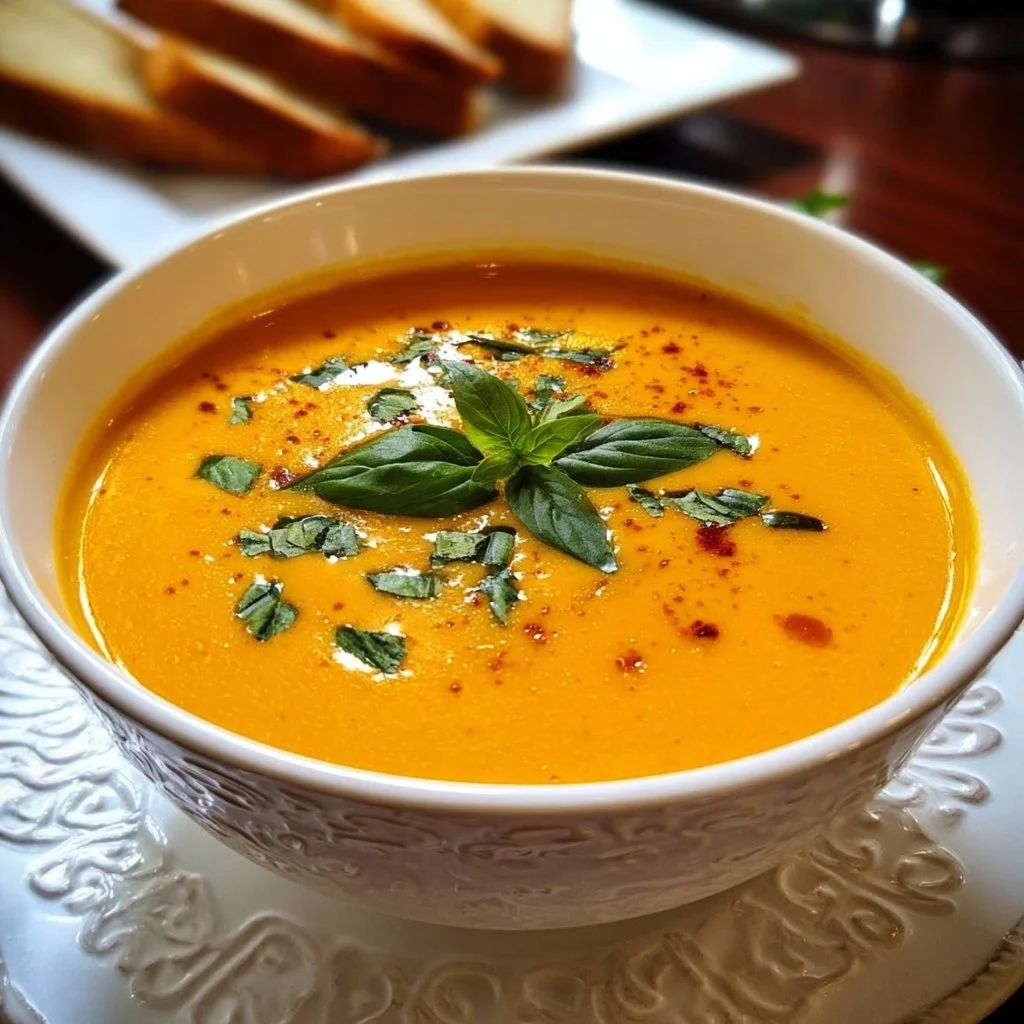 Cremige Paprika-Suppe in einer Schale mit frischen Kräutern garniert.