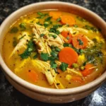 Schüssel mit entzündungshemmender Kurkuma-Hühnersuppe, gesund und nahrhaft