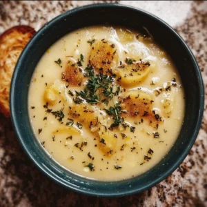 Schüssel mit gerösteter Sellerie-Kartoffelsuppe, serviert mit Brot
