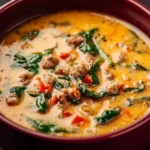 Schüssel mit herzhafter toskanischer Suppe, serviert mit frischem Brot.