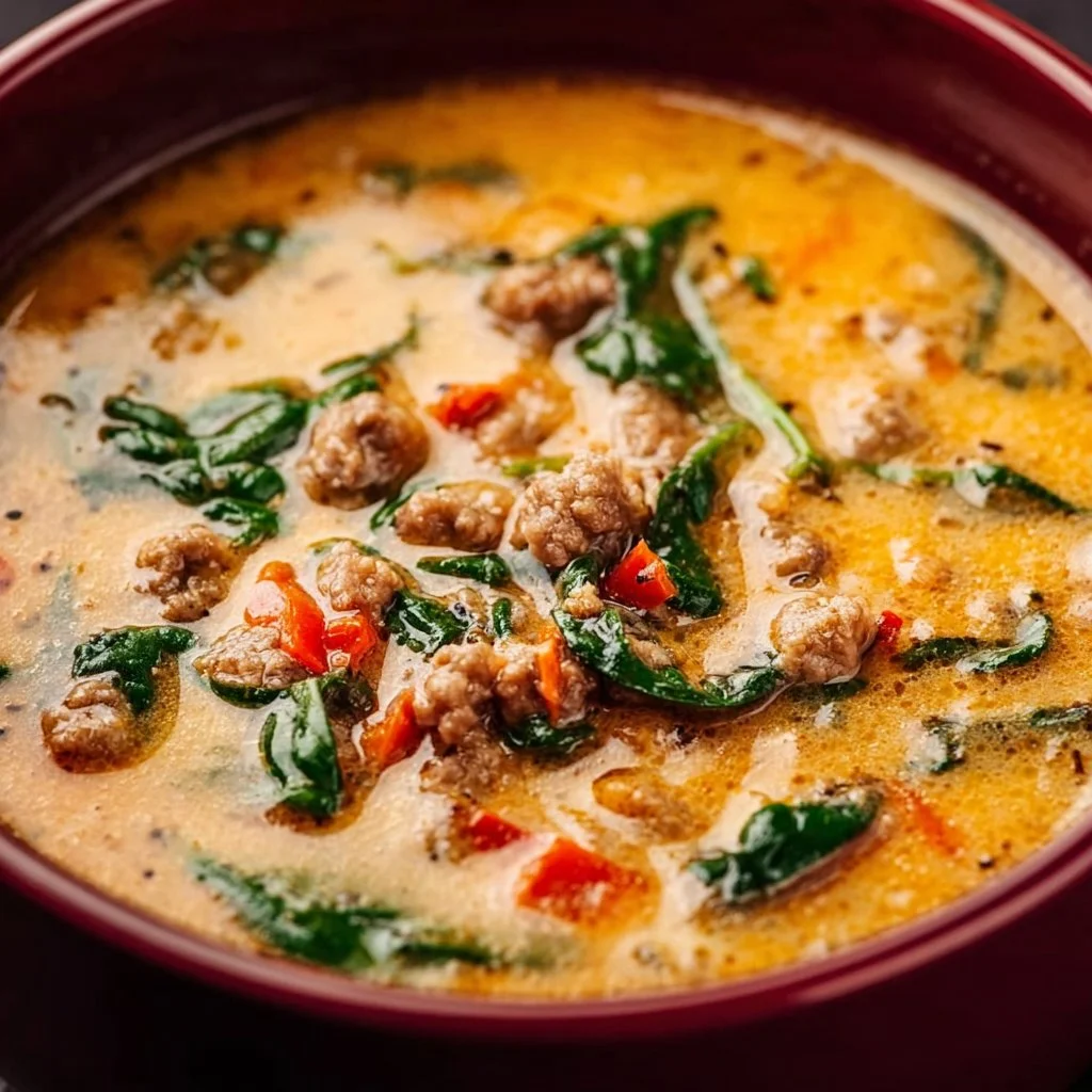 Schüssel mit herzhafter toskanischer Suppe, serviert mit frischem Brot.