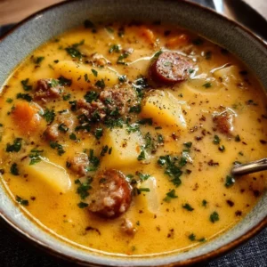 Schüssel mit Kartoffelsuppe und Würstchen, ideal für kalte Tage