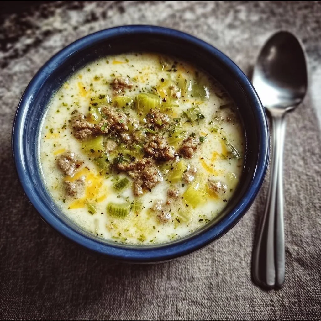 Käse-Lauch-Suppe mit Hackfleisch in einer Schüssel serviert