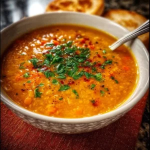 Schüssel mit leckerer rote Linsensuppe garniert mit frischen Kräutern