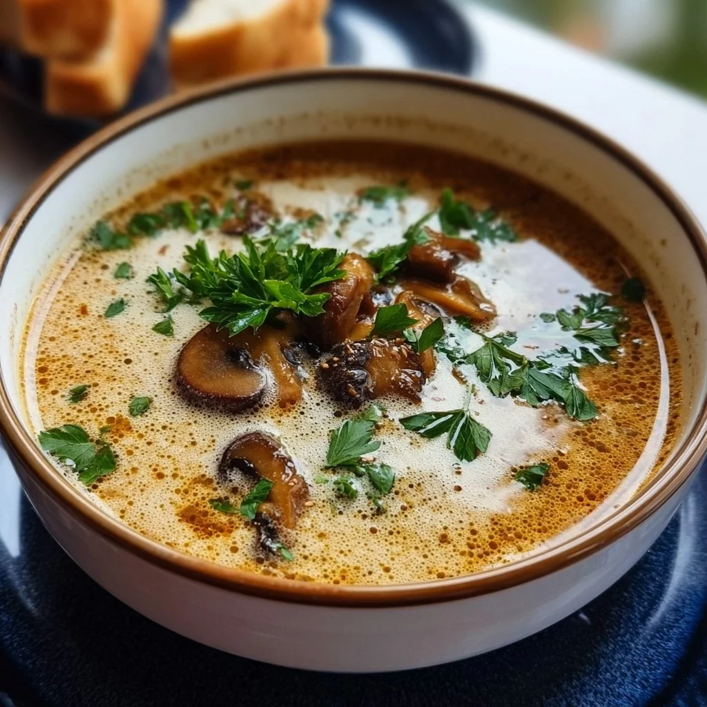 Schüssel ungarische Pilzsuppe mit frischen Zutaten und Gewürzen