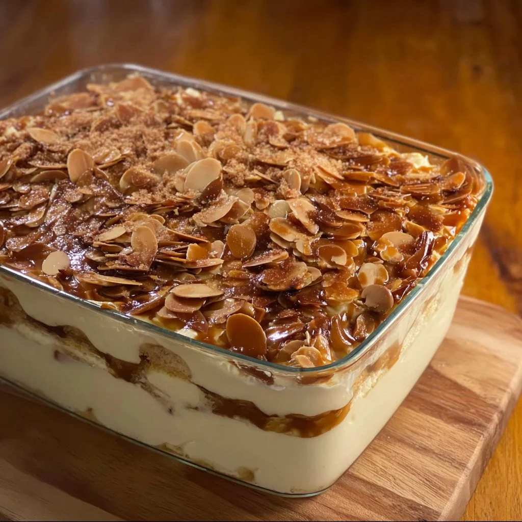 Bienenstich-Tiramisu mit Honig und Mandeln auf einem Teller serviert