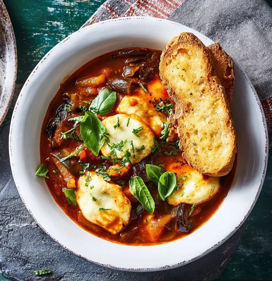Casserole mit Halloumi, Aubergine, Basilikum und Knoblauchbrot auf einem Tisch