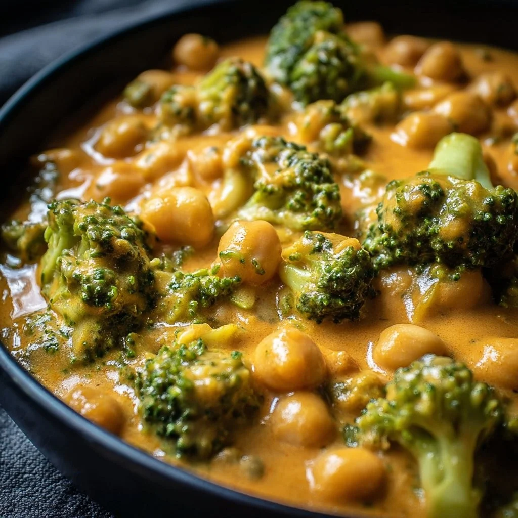 Cremiges Brokkoli Kichererbsen Curry auf einem Teller serviert