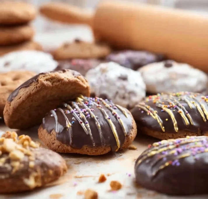Weiche Lebkuchen auf einem Teller, dekoriert mit Zuckerguss und Nüssen.