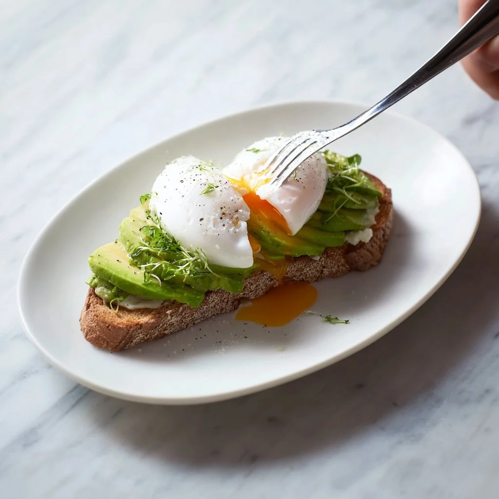Gebratene Eier auf köstlichem Avocado-Toast serviert.