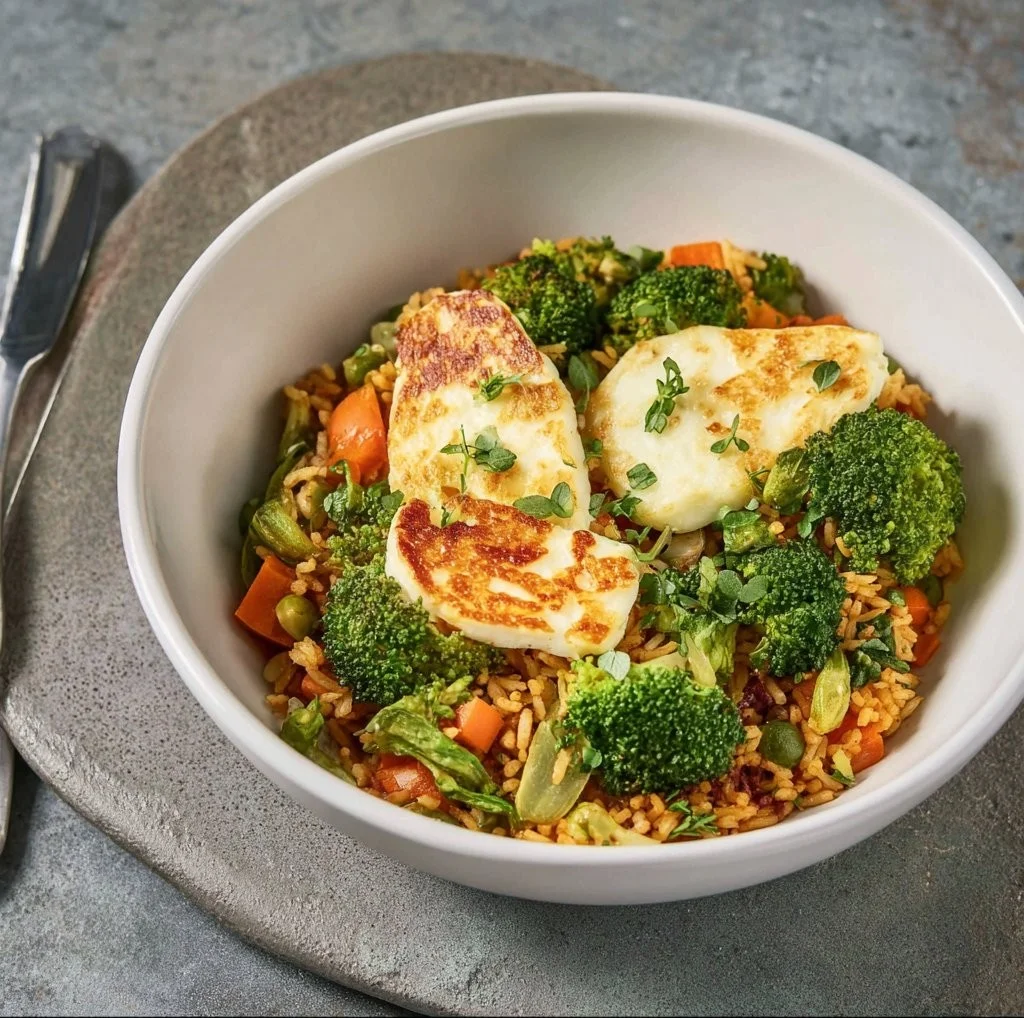Gemüse-Paella mit Halloumi, Brokkoli und Calabrese-Dip auf einem Teller