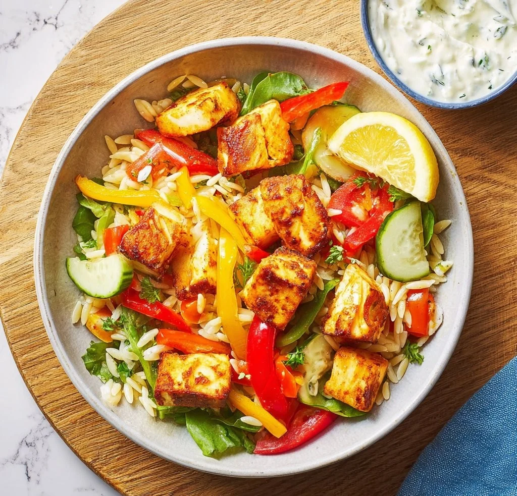 Griechischer Orzo-Nudel-Salat mit Halloumi und Ofenpaprika auf einem Teller