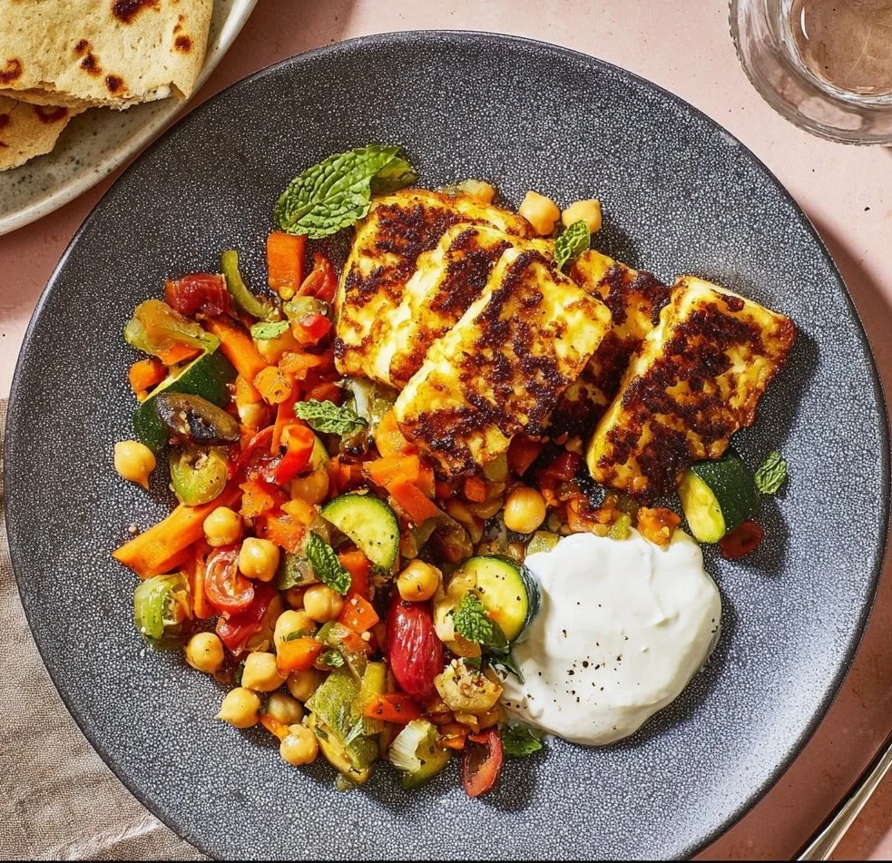 Halloumi auf Kichererbsengemüse mit Oliven-Tomatensalat und Minzjoghurt.