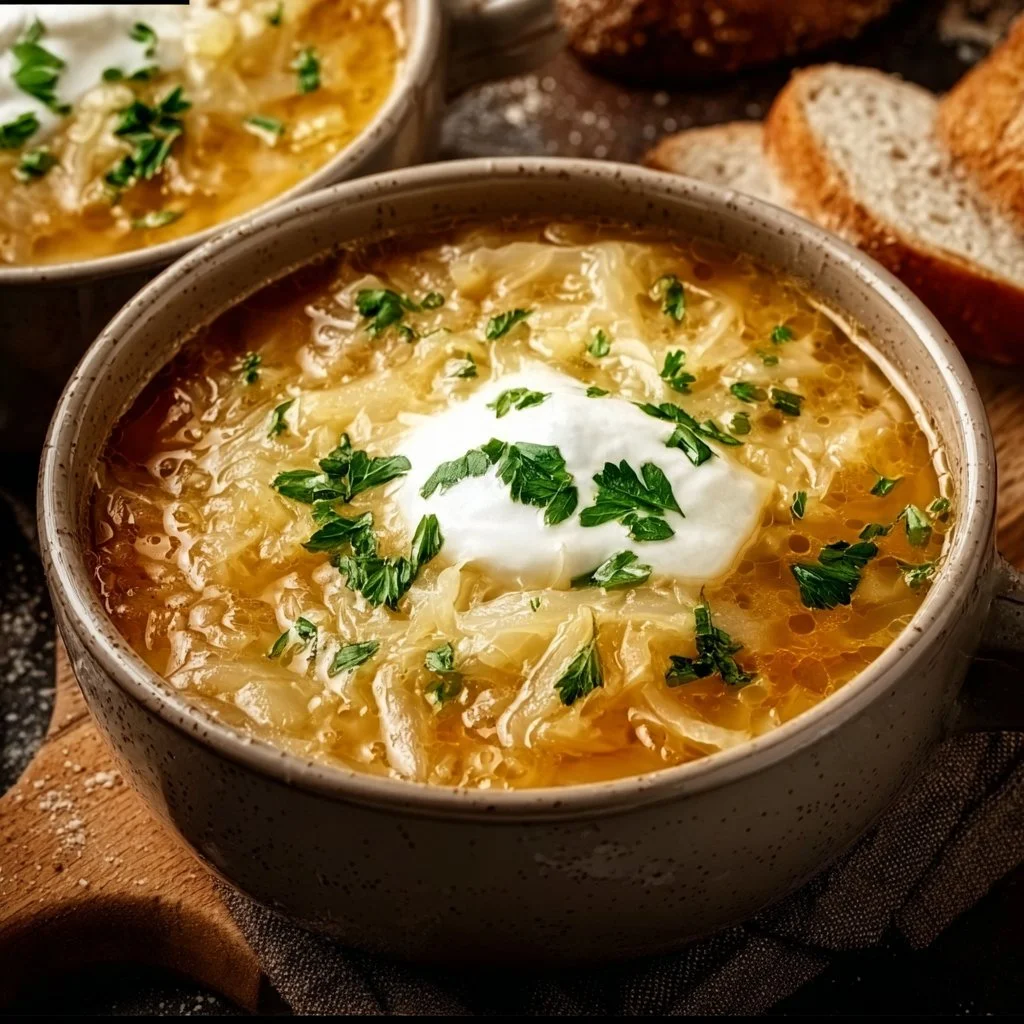 Herzhafte Sauerkraut-Suppe mit frischen Zutaten in einer Schüssel