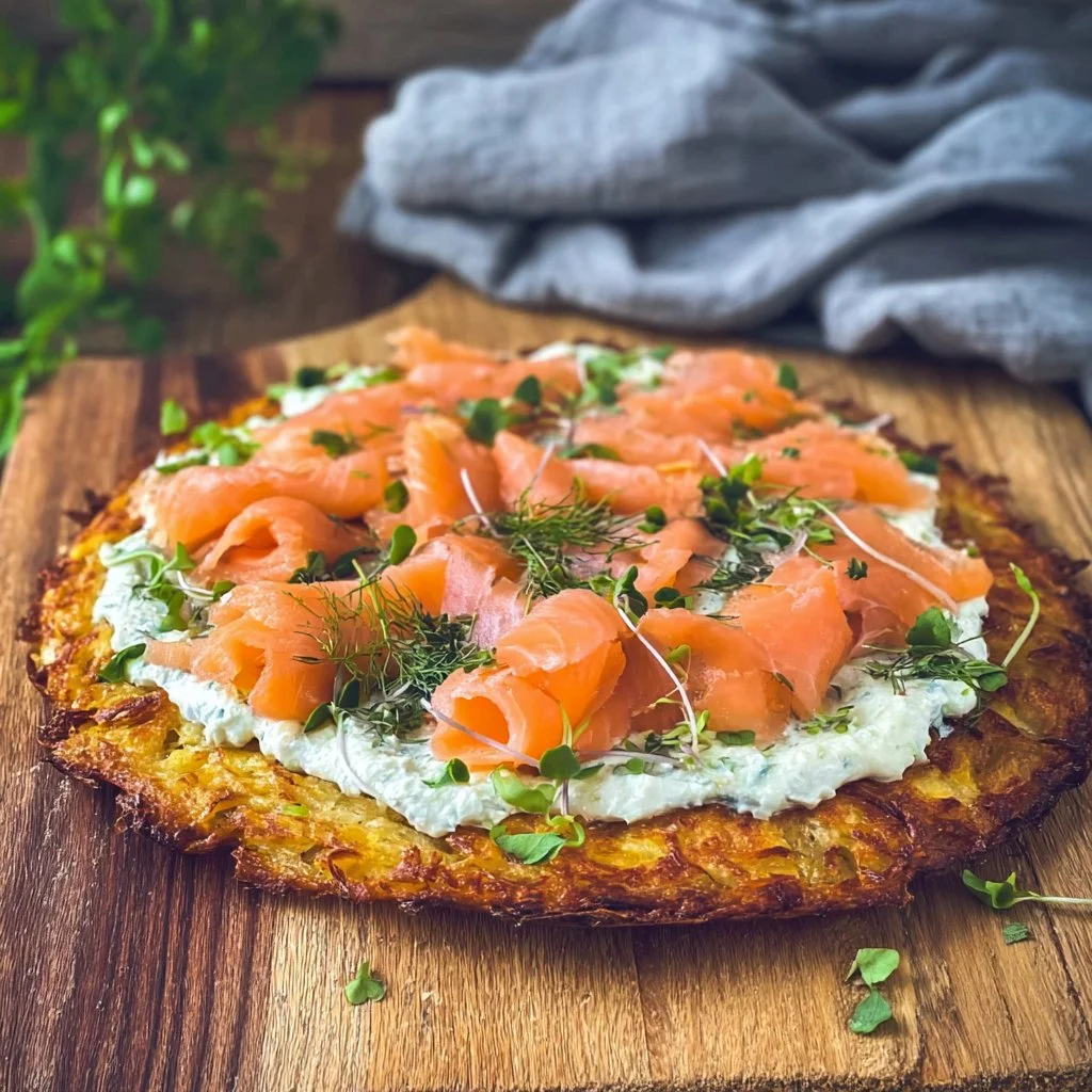 Kartoffelpizza mit geräuchertem Lachs und Kräuterfrischkäse auf einem Teller