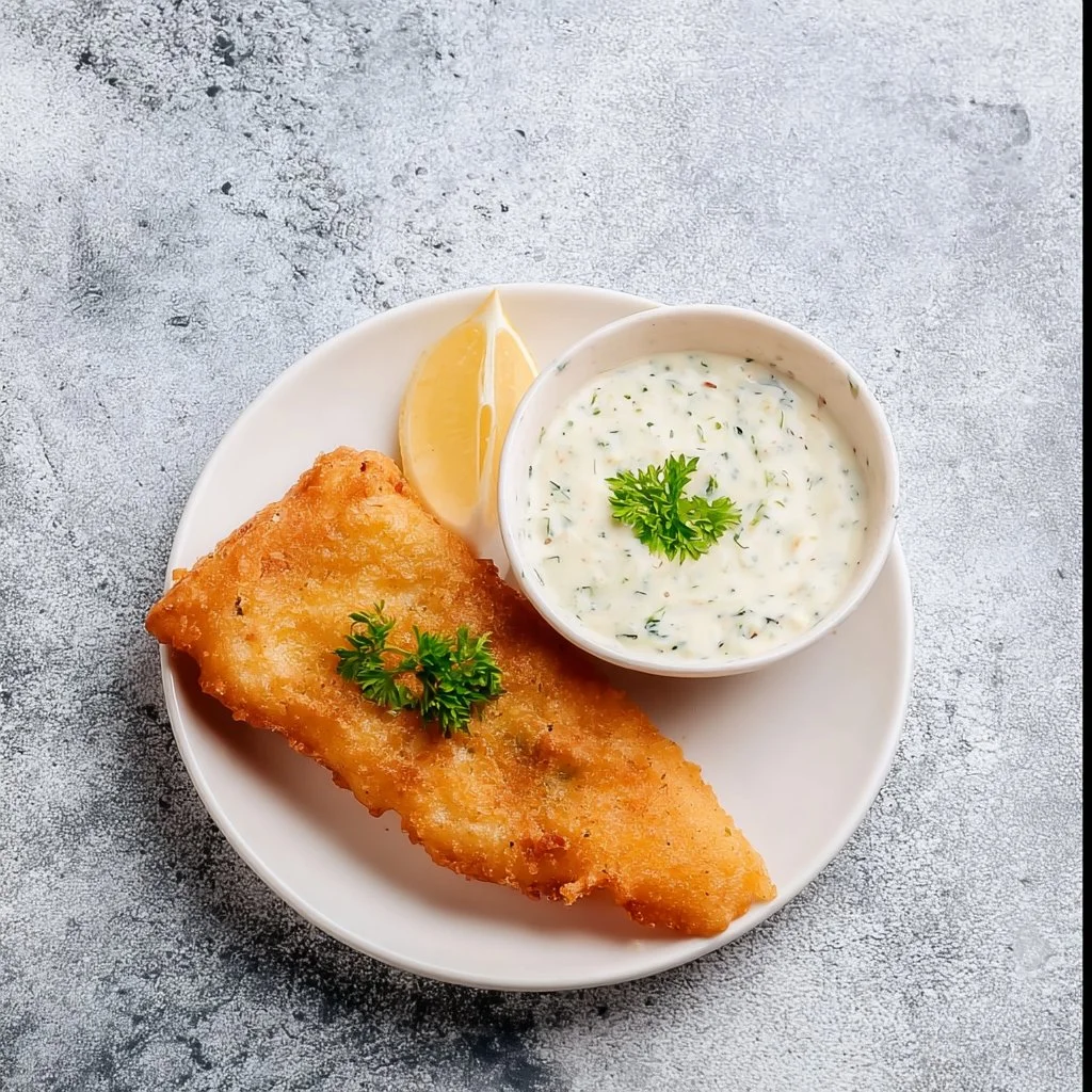 Knuspriger Backfisch im Bierteig auf einem Teller angerichtet