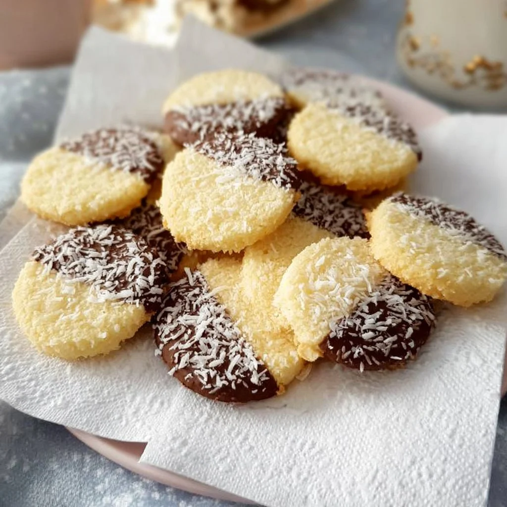 Leckere Kokosplätzchen auf einem Teller mit Kokosraspeln dekoriert.