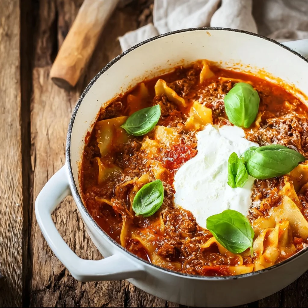 Eine Schüssel Lasagnensuppe mit frischen Kräutern garniert