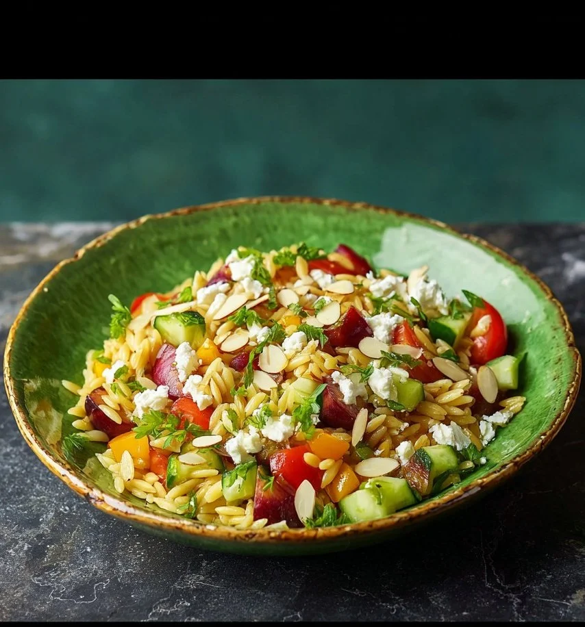 Lauwarmen Orzo-Salat mit Pflaumen, Feta und Gurke auf einem Teller serviert