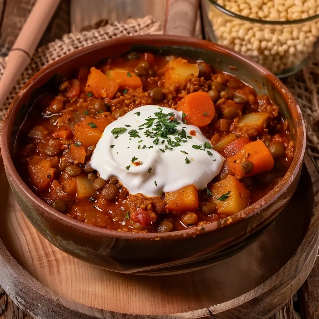 Linsen-Gulasch in einer Schüssel, serviert mit frischen Kräutern.
