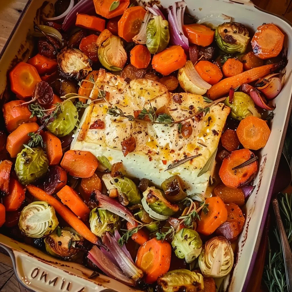 Ofen-Feta mit Wintergemüse und frischen Kräutern im Backblech zubereitet