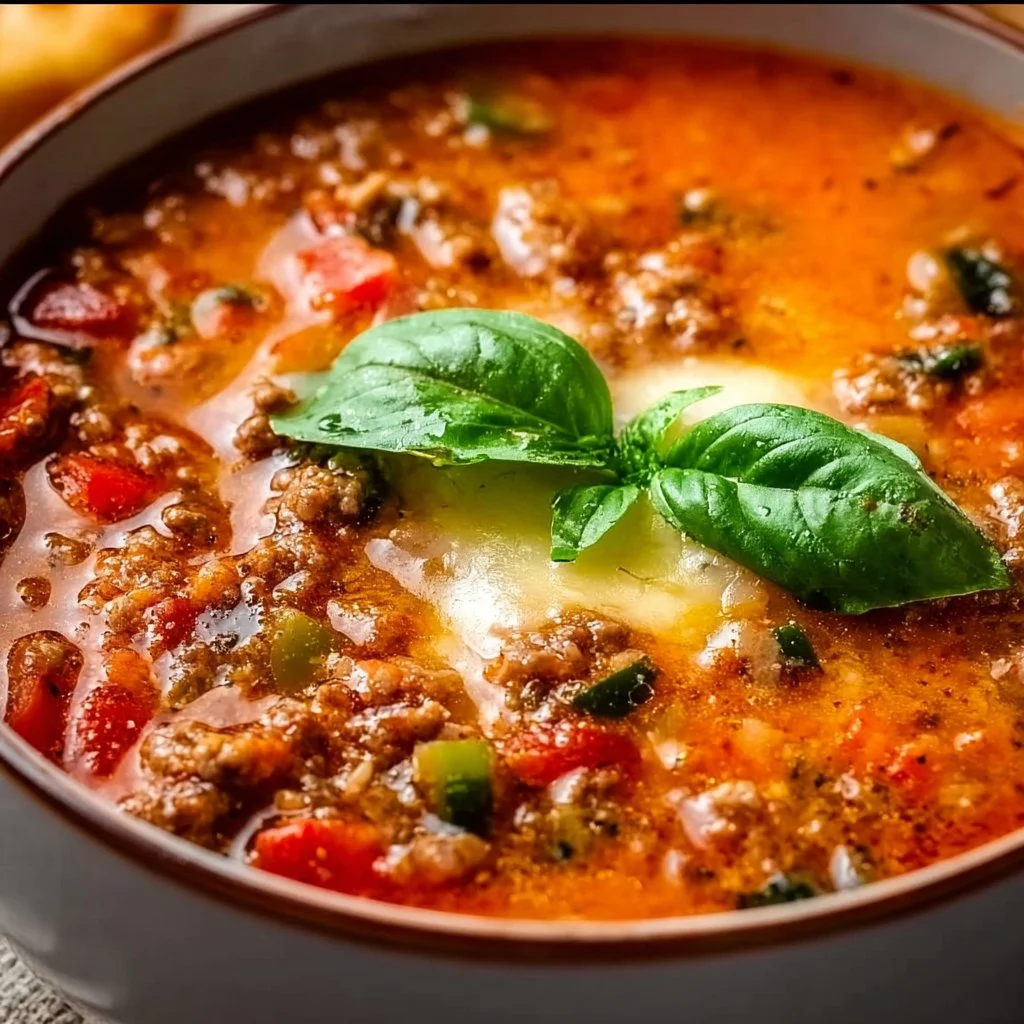 Leckere Pizzasuppe in einer Schüssel, garniert mit frischen Kräutern.