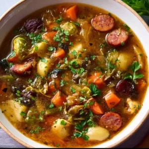 Rosenkohleintopf in einer Schüssel, serviert mit frischen Kräutern.