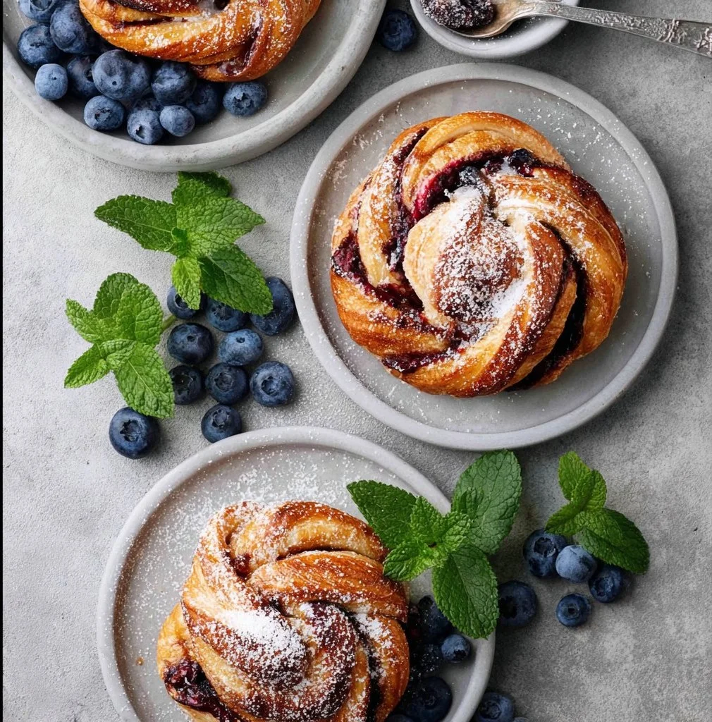 Schwedische Zimtschnecken mit Heidelbeeren und Vanillecreme auf einem Teller