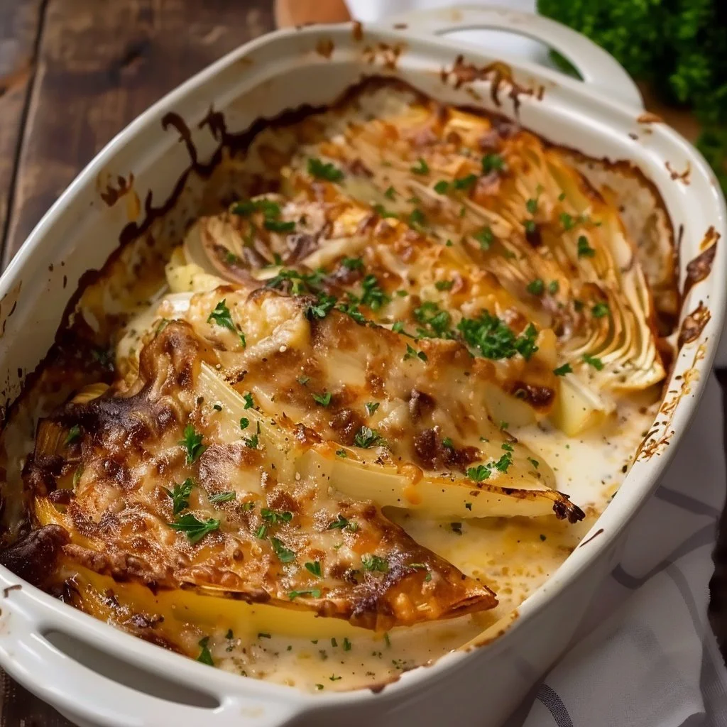 Überbackener Spitzkohl auf einem Teller, garniert mit Käse und Kräutern.