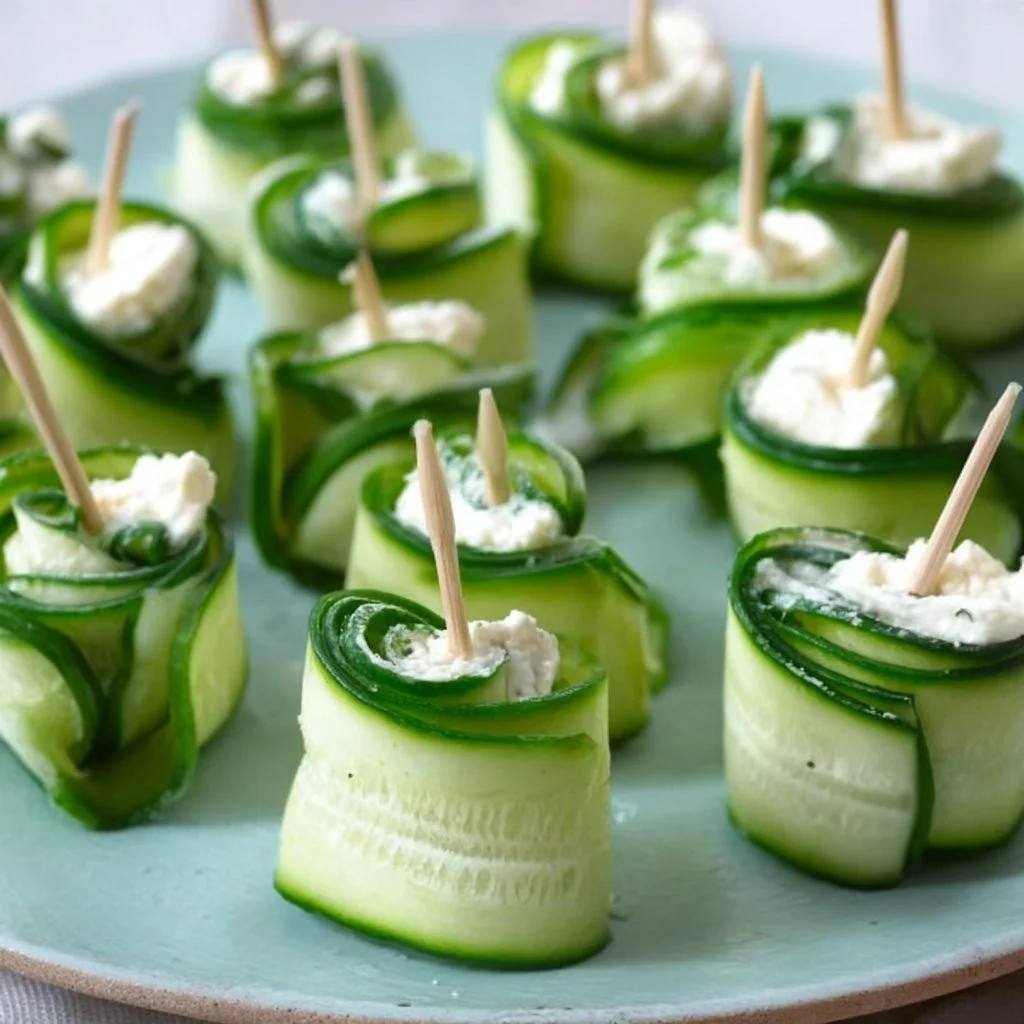 Gurkenröllchen mit Kräuterfüllung auf einem Teller